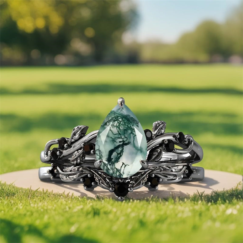 Sterling Silver Heart Moss Agate Set Engagement Wedding Ring