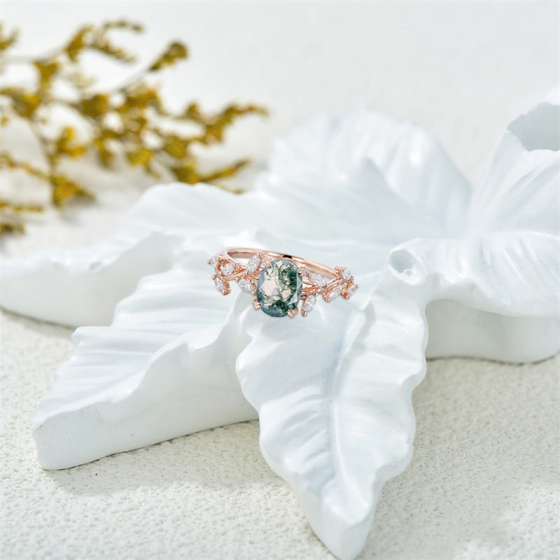 Sterling Silver 10K 14K 18K 2CT Natural Moss Agate Leaf Engagement Wedding Promise Rings Set