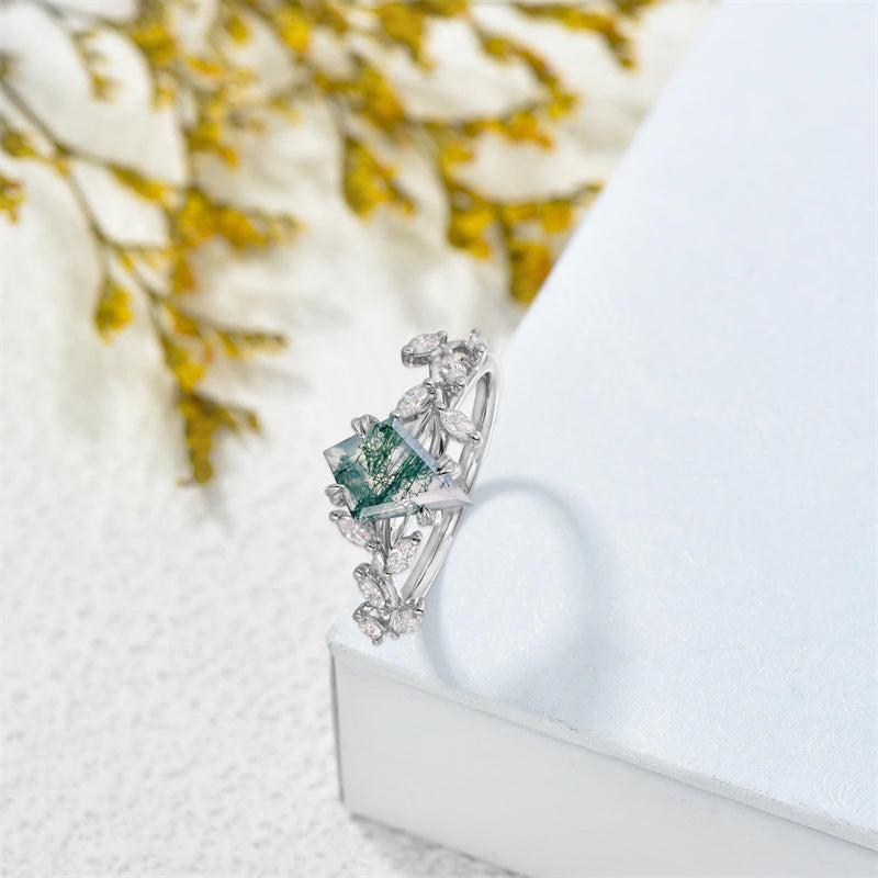 Sterling Silver 10K 14K 18K 2CT Natural Moss Agate Leaf Engagement Wedding Promise Rings Set