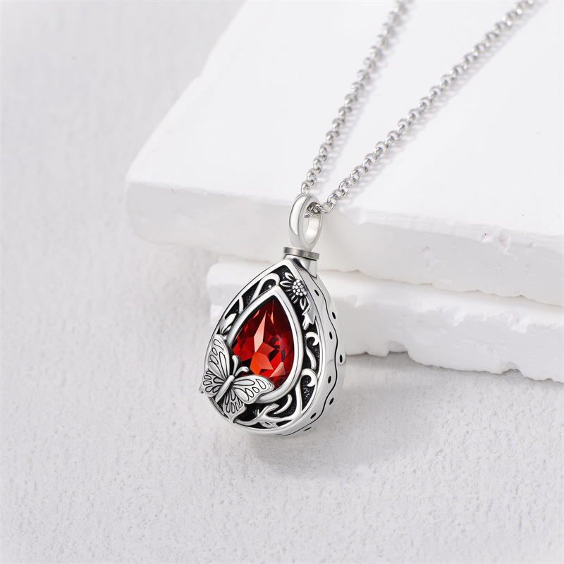 Sterling Silver Personalized Red Cubic Zirconia Butterfly Hummingbird Urn Necklace for Ashes