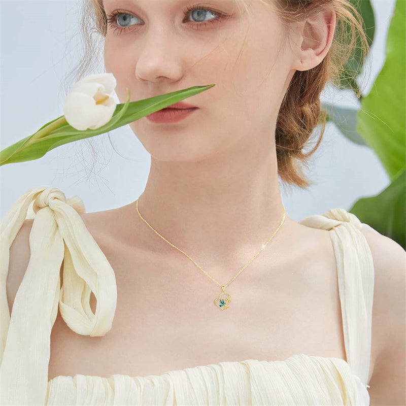 14K Gold Hummingbird Heart Pendant Necklace