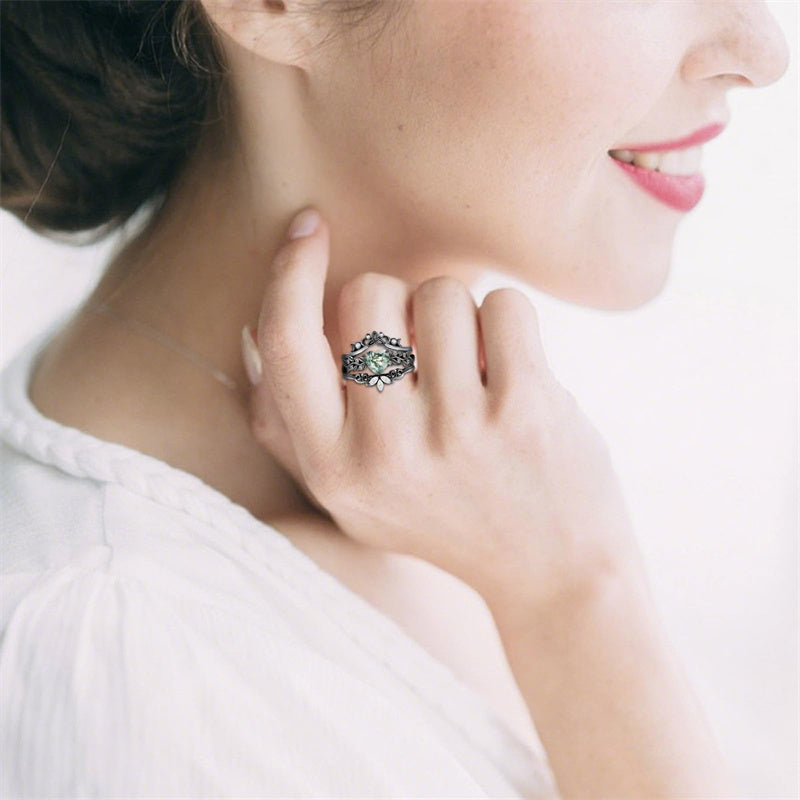 Sterling Silver Black Heart Moss Agate Engagement Wedding Ring Set for Women