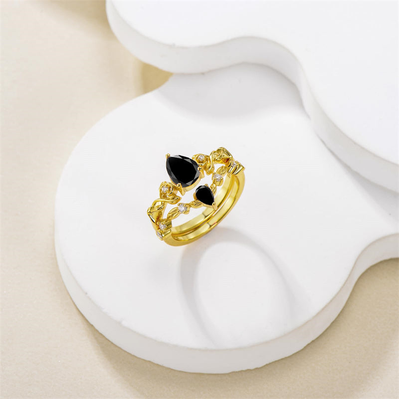 Sterling Silver 10K 14K 18K Gold Pear Cut Gemstone Leaf  Engagement Ring Set