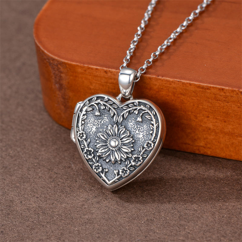 Sterling Silver Personalized Photo Heart Sunflower Pendant Necklace