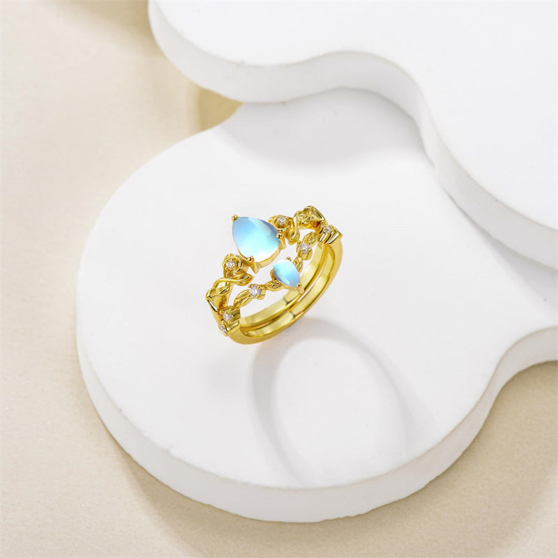 Sterling Silver 10K 14K 18K Gold Pear Cut Gemstone Leaf  Engagement Ring Set