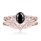 Sterling Silver 10K 14K 18K Gold  Oval Cut Unique Vine Gemstone Wedding Ring Set