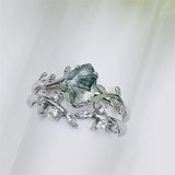 Sterling Silver Pear Kite Round Oval Cut Natural Moss Agate Leaf Engagement Wedding Promise Ring Set
