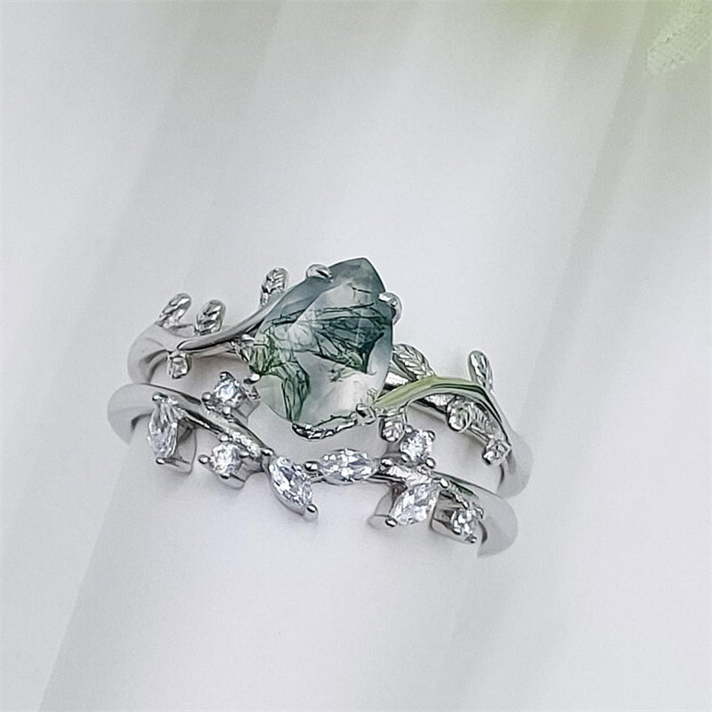 Sterling Silver Pear Kite Round Oval Cut Natural Moss Agate Leaf Engagement Wedding Promise Ring Set
