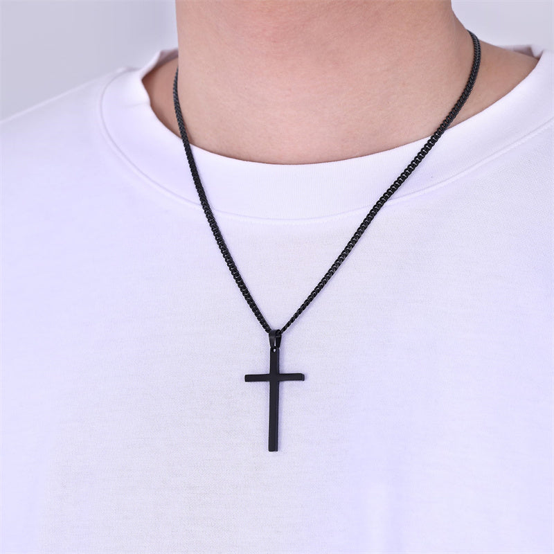 Sterling Silver Cross Pendant Necklace with 3.0mm Stainless Steel Cuban Chain