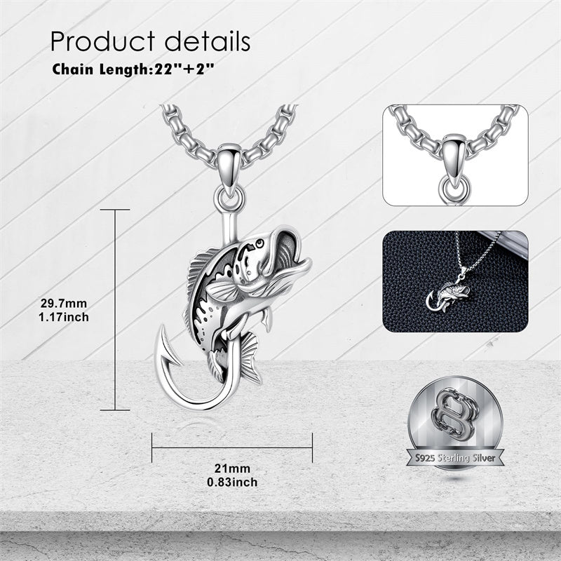 Sterling Silver Antler Fish Hook Pendant Necklace for Men