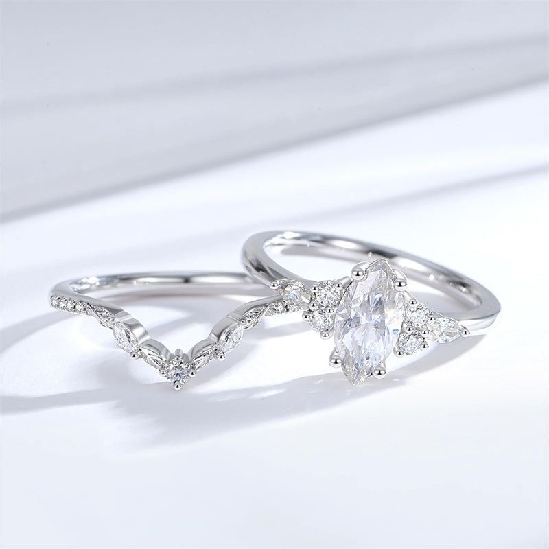 Sterling Silver Moissanite Vintage Petals Leaves Engagement Ring Set