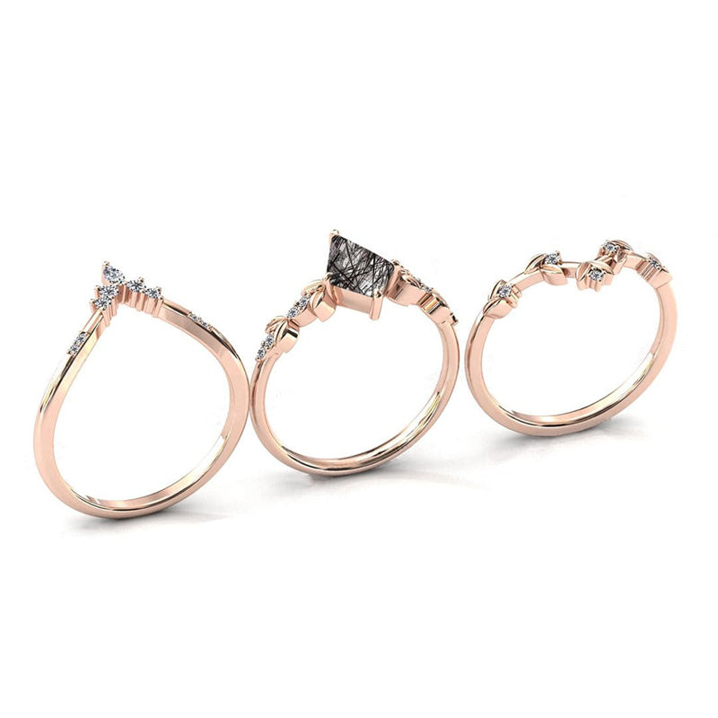 Sterling Silver 10K 14K 18K Personalized Engraved 2CT Natural Black Rutilated Quartz Engagement Ring Set