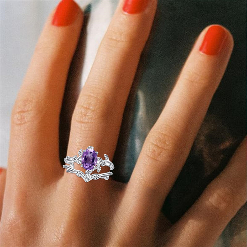 Sterling Silver Oval Shaped  Leaf Gemstone Engagement Rings Set for Women