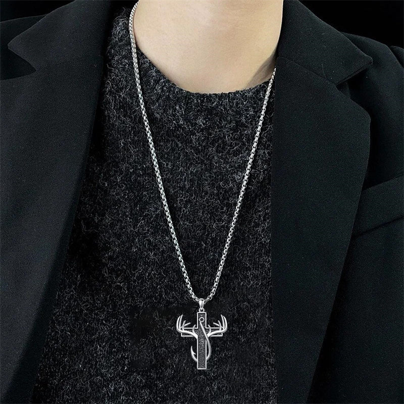 Sterling Silver Fish Hook Cross Pendant Necklace for Men