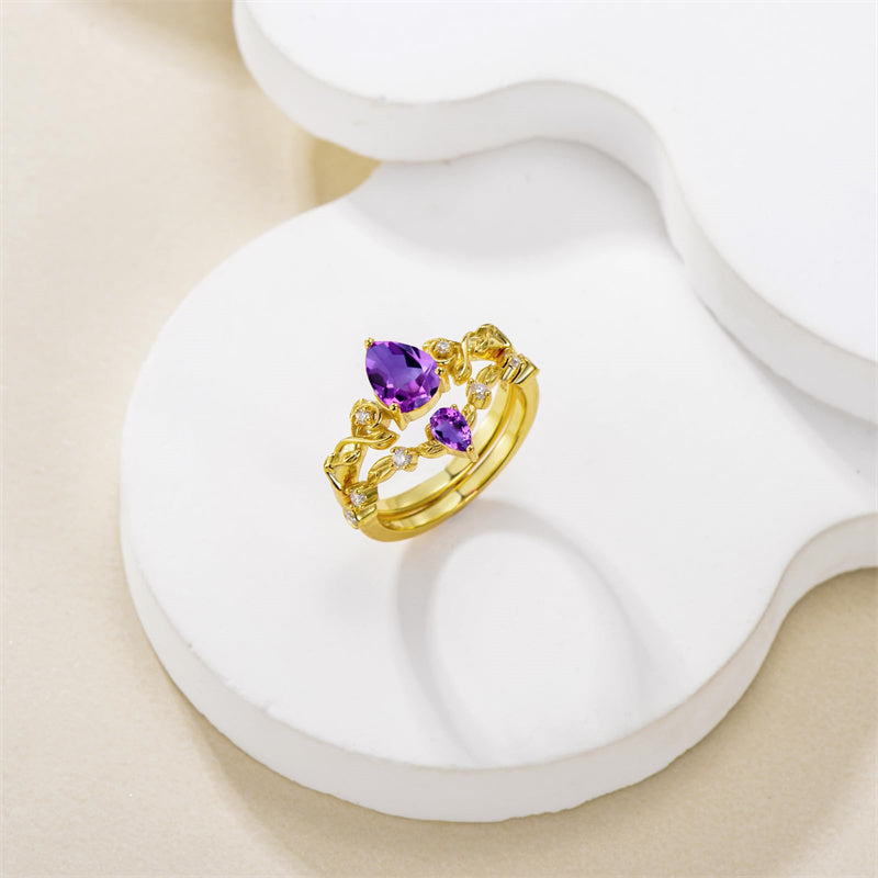 Sterling Silver 10K 14K 18K Gold Pear Cut Gemstone Leaf  Engagement Ring Set