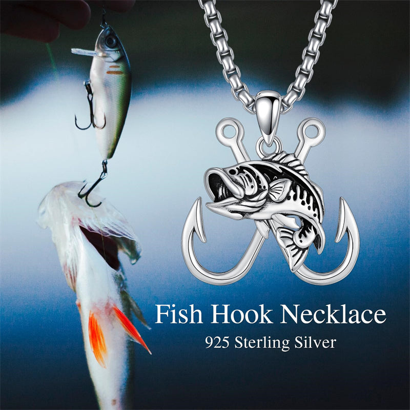 Sterling Silver Antler Fish Hook Pendant Necklace for Men