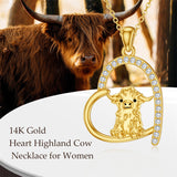 14K Gold Heart Highland Cow Pendant Necklace