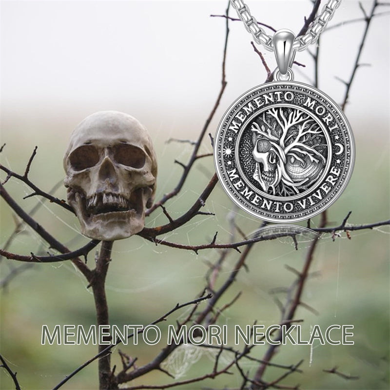 Sterling Silver Memento Mori Gothic Skull Amulet Pendant Necklace for Men
