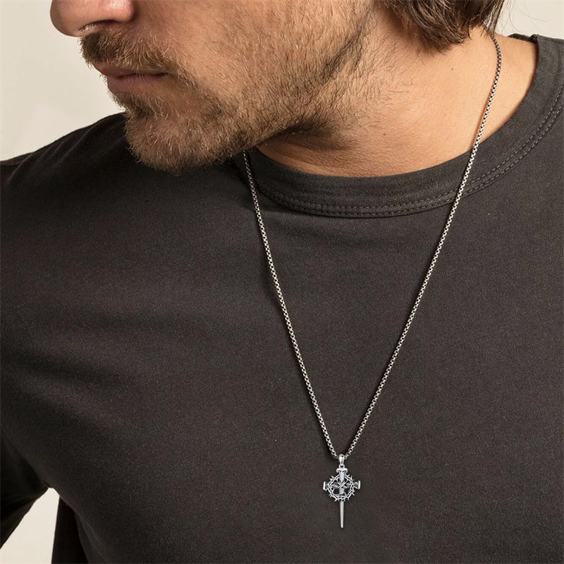 Sterling Silver Crown of Thorn Three Nail Cross Pendant Necklace