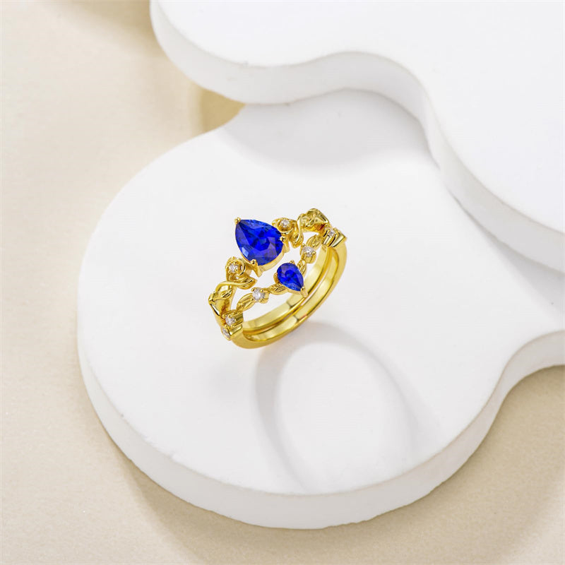 Sterling Silver 10K 14K 18K Gold Pear Cut Gemstone Leaf  Engagement Ring Set