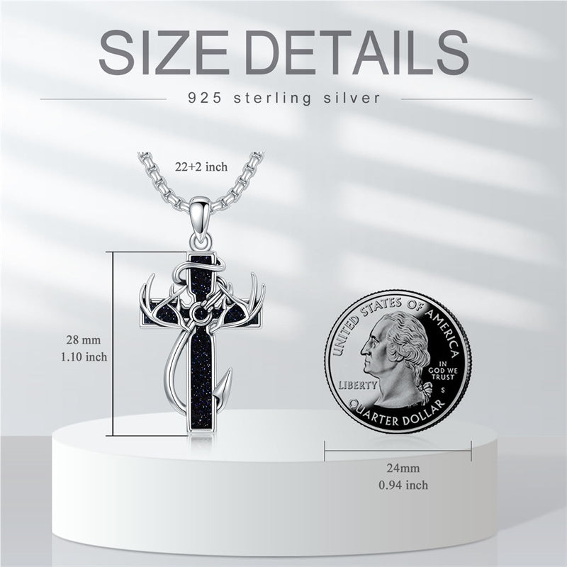 Sterling Silver Fish Hook Cross Pendant Necklace for Men