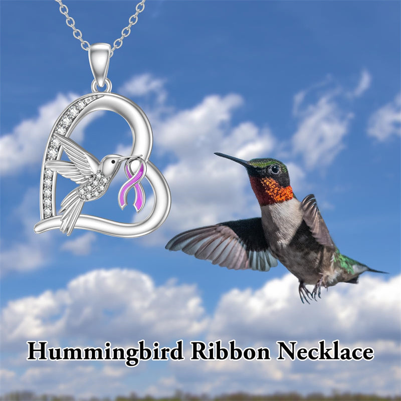 Sterling Silver Cubic Zircon Hummingbird Cancer Awareness Pendant Necklace Gifts for Women