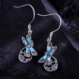 Sterling Silver Vintage Black Onyx Dragonfly Sunflower Spoon Ring and Turquoise Dragonfly Earrings Set