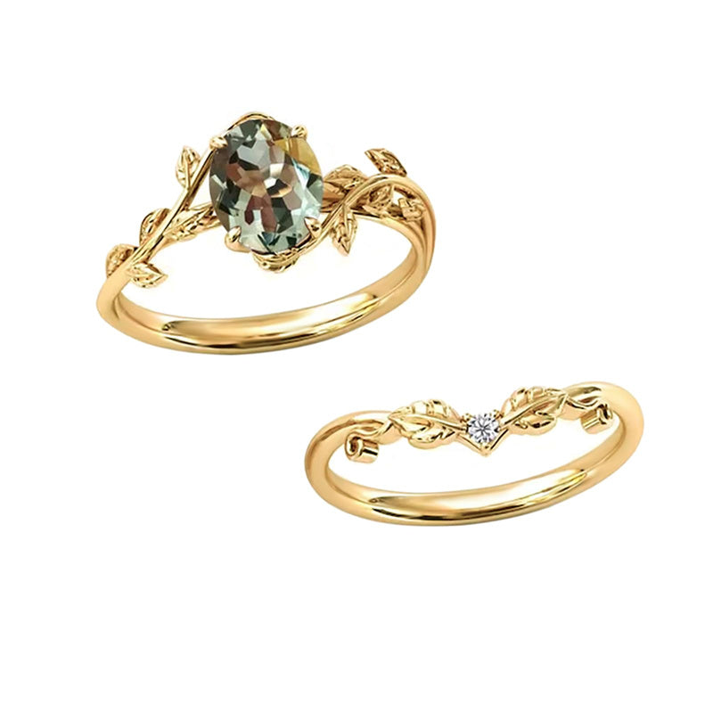 Sterling Silver 10K 14K Gold Leaf Oval Cut Vine Gemstone Set Engagement Wedding Ring