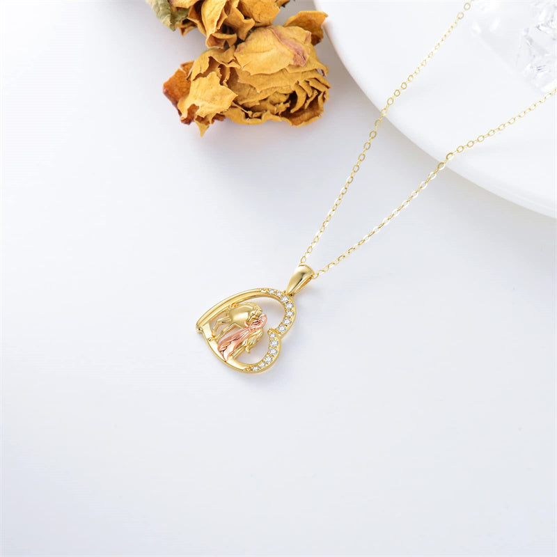 14K Gold Horse and Girl Heart Pendant Necklace