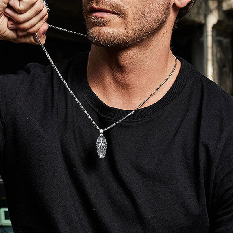 Sterling Silver Mictlantecuhtli Quetzalcoatl Tezcatlipoca Skull Pendant Necklace Aztec Jewelry For Men