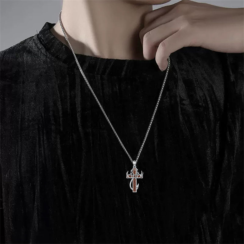 Sterling Silver Fish Hook Cross Pendant Necklace for Men