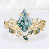 Sterling Silver 10K 14K 18K Gold  Personalized  Engraved Natural Moss Agate Engagement Bridal Wedding Ring Set