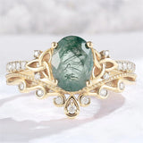 Sterling Silver 10K 14K 18K Gold  Personalized  Engraved Natural Moss Agate Engagement Bridal Wedding Ring Set