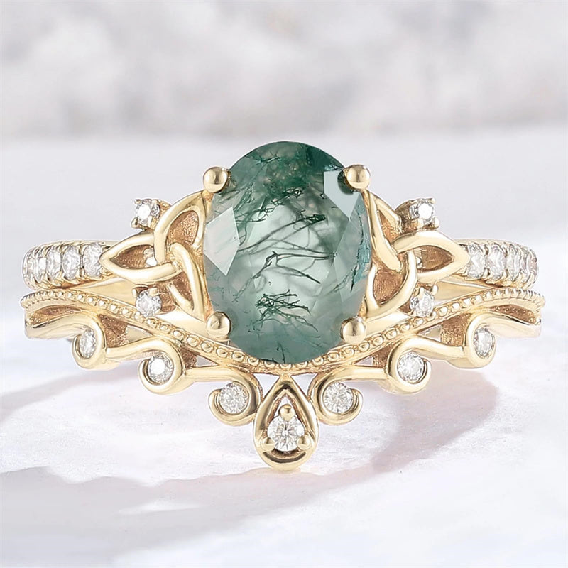 Sterling Silver 10K 14K 18K Gold  Personalized  Engraved Natural Moss Agate Engagement Bridal Wedding Ring Set