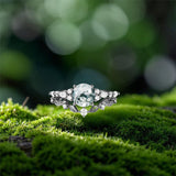 Sterling Silver 10K 14K 18K Gold  Personalized  Engraved Pear Kite Round Cut Moss Agate Engagement Ring Set