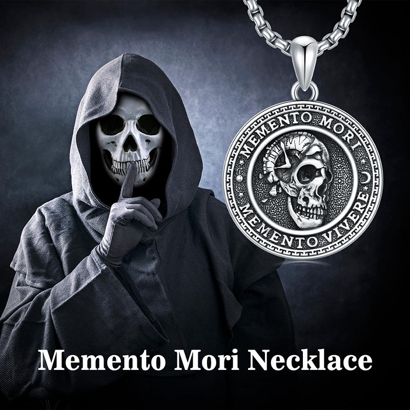 Sterling Silver Memento Mori Gothic Skull Amulet Pendant Necklace for Men