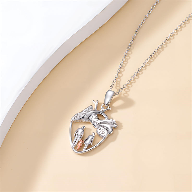 Sterling Silver Anatomical Heart Father Mother Daughter Sister Mother Daughter Pendant Necklace