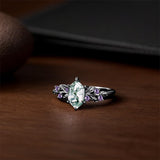 Sterling Silver 10K 14K 18K Long Hexagon Leaf Unique Vine Moss Agate Engagement Wedding Anniversary Ring Set