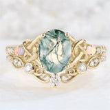 Sterling Silver 10K 14K 18K Gold  Personalized  Engraved Natural Moss Agate Engagement Bridal Wedding Ring Set