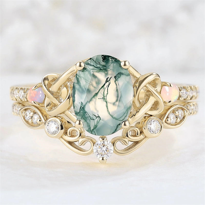 Sterling Silver 10K 14K 18K Gold  Personalized  Engraved Natural Moss Agate Engagement Bridal Wedding Ring Set