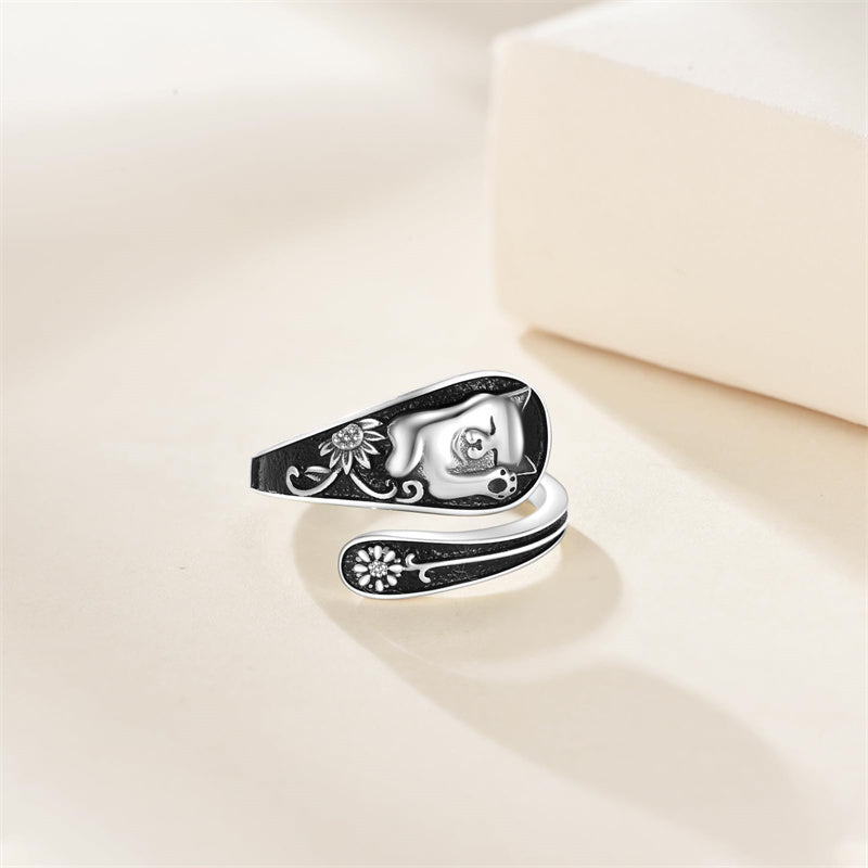 Sterling Silver Cat Adjustable Spoon Ring for Women