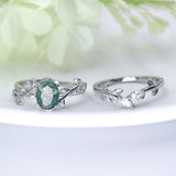 Sterling Silver Pear Kite Round Oval Cut Natural Moss Agate Leaf Engagement Wedding Promise Ring Set
