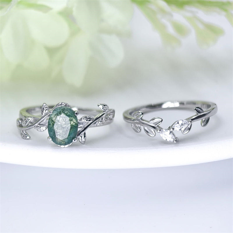 Sterling Silver Pear Kite Round Oval Cut Natural Moss Agate Leaf Engagement Wedding Promise Ring Set
