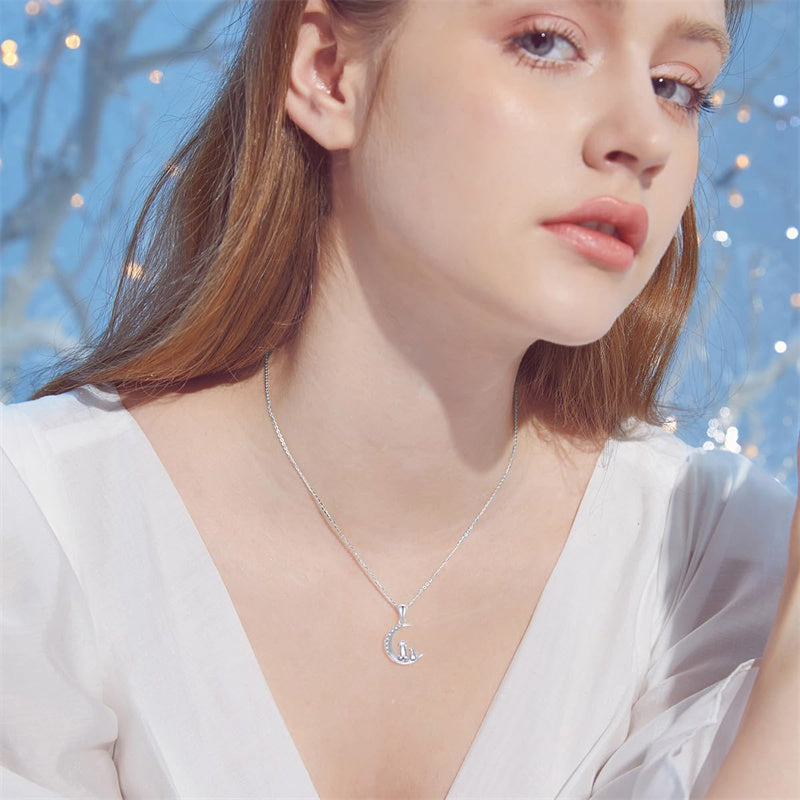 14K Gold Cubic Zirconia Dog and Cat Moon Pendant Necklace