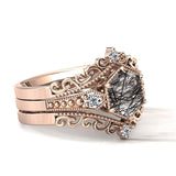 Sterling Silver 10K 14K 18K Personalized Engraved 2CT Natural Black Rutilated Quartz Engagement Ring Set