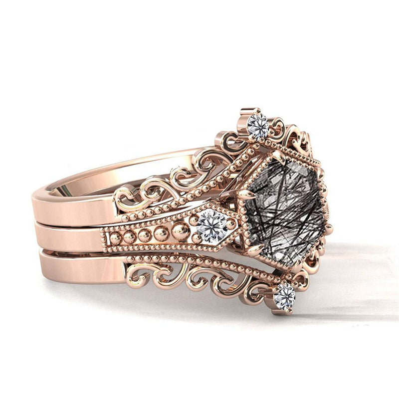 Sterling Silver 10K 14K 18K Personalized Engraved 2CT Natural Black Rutilated Quartz Engagement Ring Set