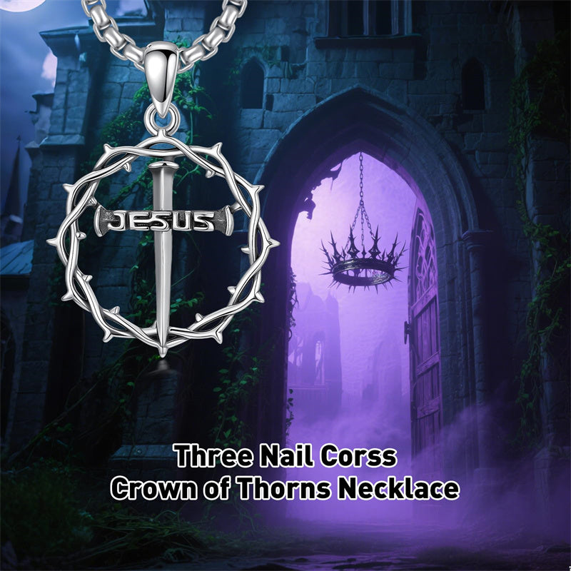 Sterling Silver Crown of Thorns Crucifix Cross Pendant Necklace for Men