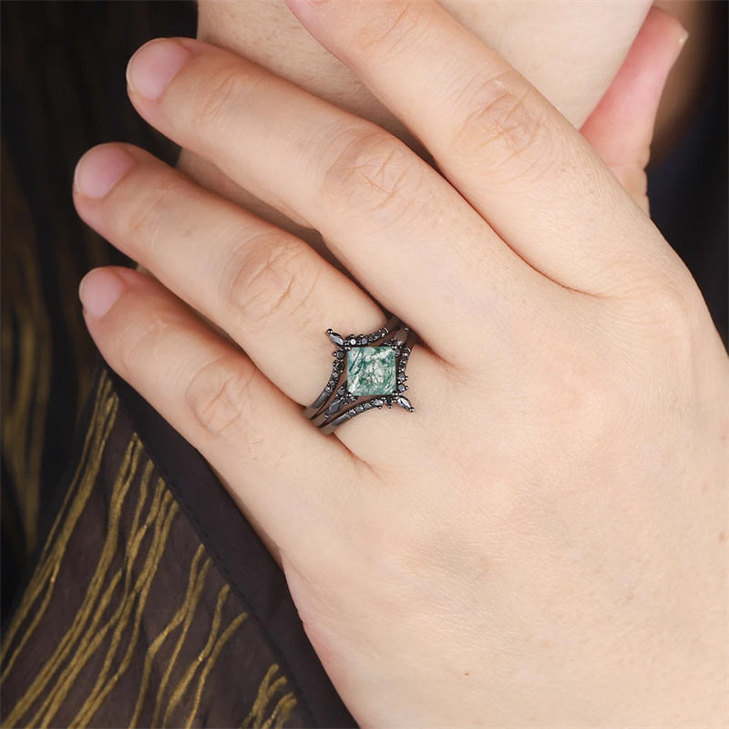 Sterling Silver Oval Round Princess Marquise Natural Moss Agate Engagement Ring