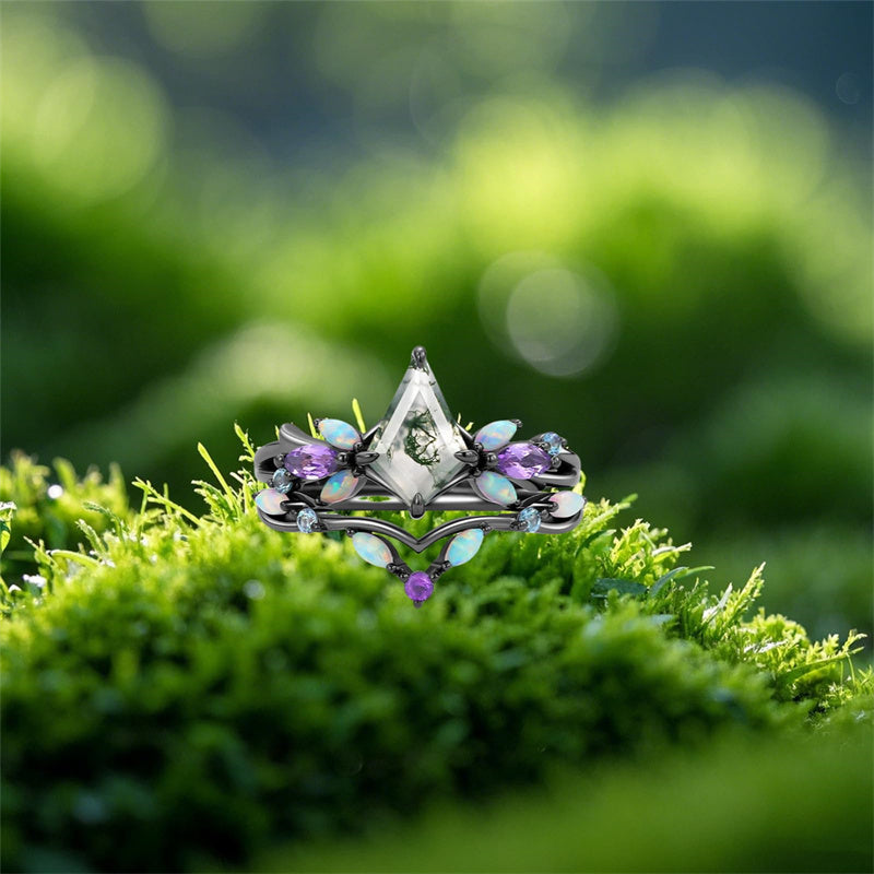 Sterling Silver 10K 14K 18K Gold  Personalized  Engraved Pear Kite Round Cut Moss Agate Engagement Ring Set