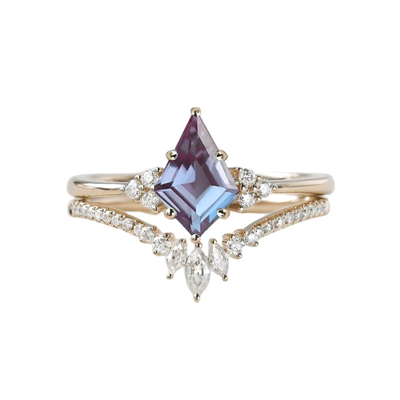 Sterling Silver 10K 14K 18K Gold Kite Cut Gemstone Wedding Ring Set